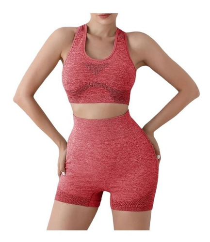 Conjunto Fitness Top + Short Cintura Alta Sem Costura 