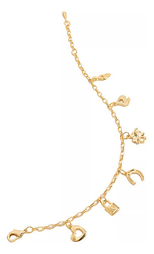 Pulsera Nice Bañada En Oro 18 Kilates Corazón Candado Herradura Trébol Y Mano Mística