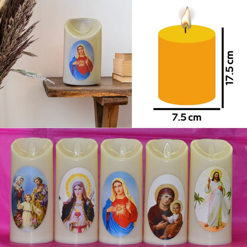 Set De 5 Velas Led 7.5 X 17.5 Cm Con Imágenes Religiosas.