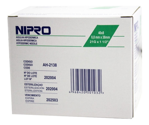 Agujas Hipodermicas Nipro 25/8 (21g X 1) Caja X100