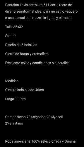 Pantalón Mezclilla Levis Premium 511 Stretch 36x32 (Usado)
