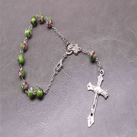 Pulsera Rosario Cloisonne Virgen María / Cruz (verde)