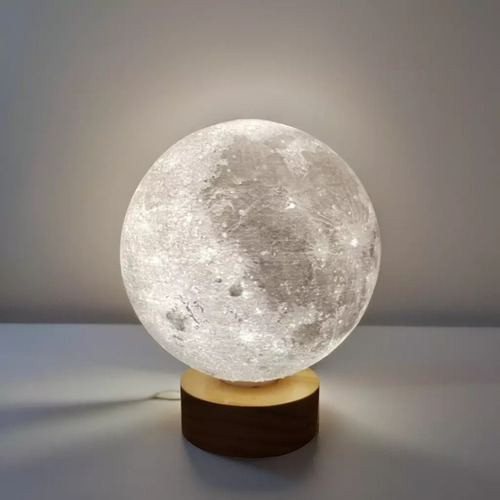 Lámpara Luna 3d Led Luz Cálida Base Madera, Decorativa Marrón Claro Blanco