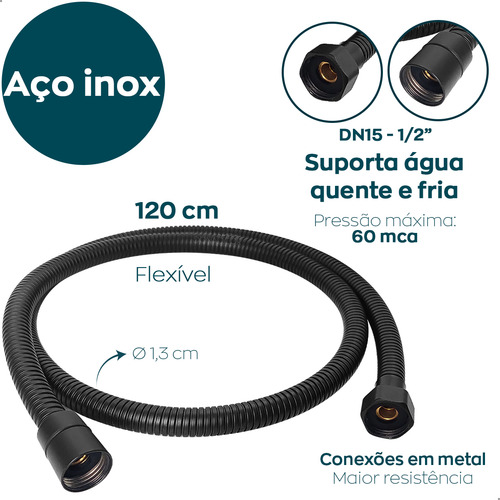 Engate Mangueira Flexível Preta 1 Metro E 20cm Inox Chuveiro Banheiro Inox 304 Água Quente E Fria Engate Fêmea X Fêmea 1 Metro E 20 Cm Rabicho Rosca 1/2 Dona D.cor