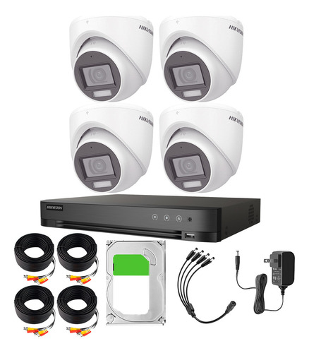 Hikvision Kit De 4 Cámaras De Seguridad Metálicas Turret Con Micrófono Integrado 3k 5mp Dual Light Protección Ip67 Exterior + Dvr 8 Mp 4 Canales Turbohd + 4 Canales Ip + 1tb Hdd Ids2ce76k0t-plus+1tb