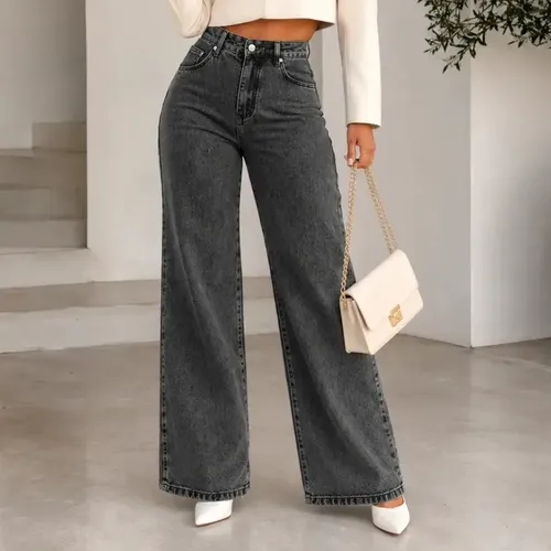 Calça Jeans Wide Leg Cintura Alta Pantalona