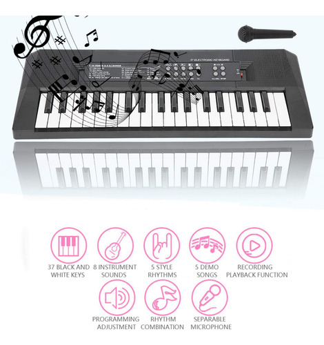 Piano Eléctrico Recargable De 37 Teclas Para Niños Negro Y Blanco