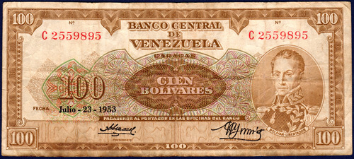 Billete 100 Bolívares C7 Julio 23 1953 Orejón Simón Bolívar