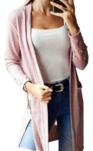 Saco Largo Mujer Abierto Lanilla Rosa Cárdigan Bolsillos