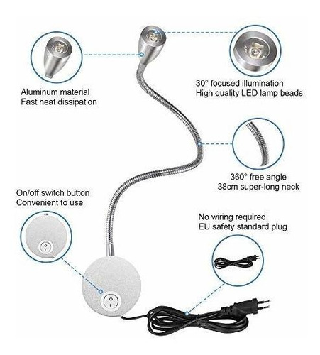 Lampara De Lectura 2 Luces Led De Cama Montaje En Pared Junt