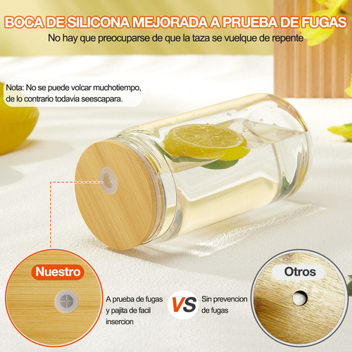 Vaso De Vidrio Con Tapas Y Popote Bambú Y Pajita Cuchara Tapa De Aluminio16oz 4 Pcs