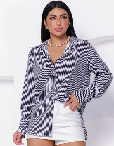 Camisa Social Feminina Clássica Listrada C/ Botões Tendência