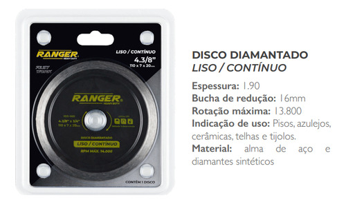 Disco Corte Ranger Sks Line Rdd-1000 110mm Diamantado 4.3/8