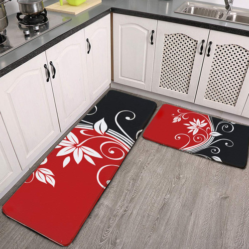 2 Alfombra Cocina Color Rojo Blanco Negro Flor Franela