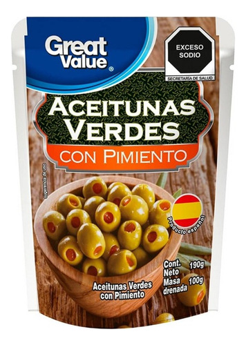 3 Pza Aceitunas Verdes Great Value Con Pimiento 190 G