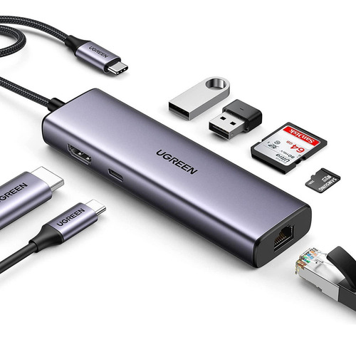 Adaptador Hdmi Hub USB C 7 en 1 4k 60 Hz Rj45 Dex Sd Pd 100 W Ugreen 60515 Color Gris