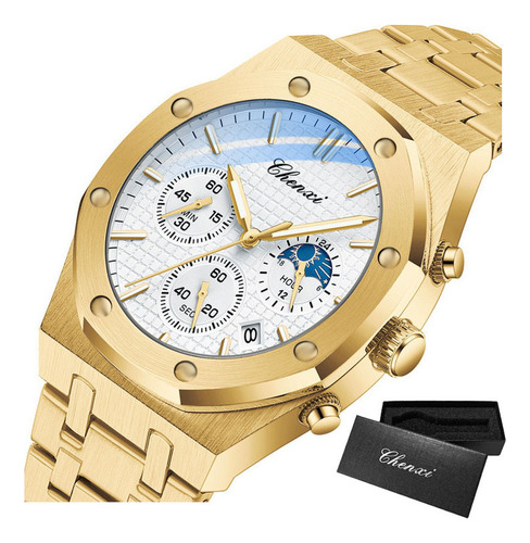 Reloj De Cuarzo Deportivo Chenxi Steel Chronograph Color Del Fondo Golden/white