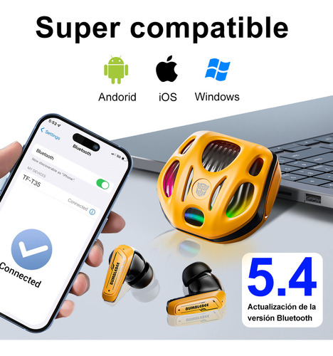Auriculares inalámbricos Bluetooth Transformers TF-t35, color amarillo,para juegos con cancelación pasiva del ruido, sonido de alta fidelidad HD y baja latencia