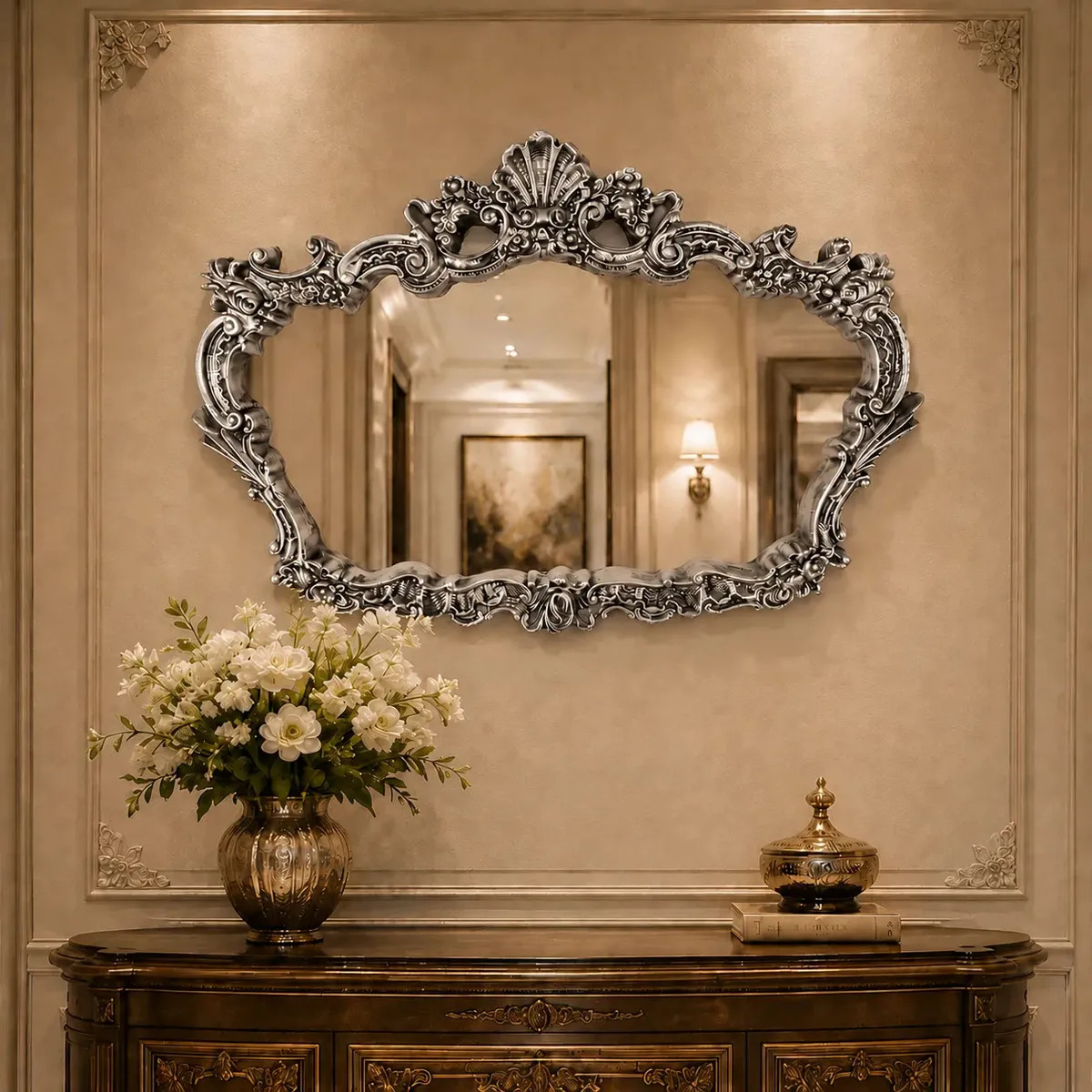 Espelho Provençal Decoração Casa Móveis Parede Mod. Luxuoso Moldura Prata Antigo