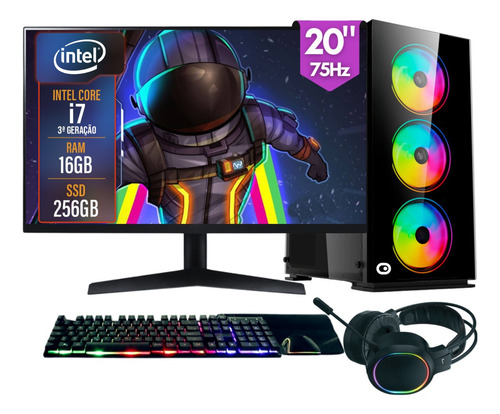 Computador Gamer completo 2Eletro RGB, Intel Core i7, 16GB RAM, SSD 256GB, Fonte 500W, Monitor 20" 75Hz, Kit Gamer completo - PG2E-1013RG