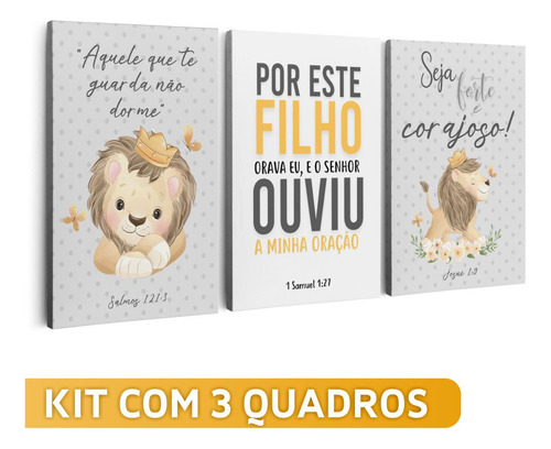Kit 3 Quadros Seja Forte Leãozinho, Quarto Bebê 120x60cm
