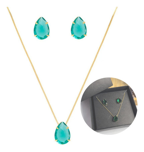 Conjunto Colar Brinco Gota Verde Folheado Ouro 18k Envi Full Cor Dourado
