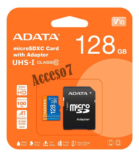 Memoria Micro Sd Xc 128gb Adata Uhs-i Clase 10 Full Hd V10 A1 U1 Microsd Sdxc 50mb/s Con Adaptador A Sd