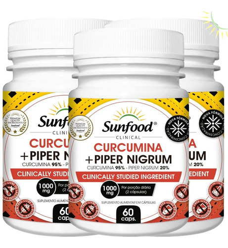 Curcumina 95% + Peperina 20% 3 Potes 60 Caps Sunfood