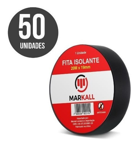 Fita Isolante Preta Reforçada 20 Metros 19mm Kit Com 50