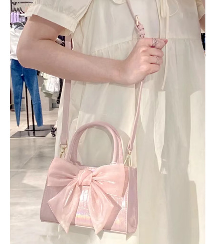 Bolsa De Mano Rosa Con Moño Grande Elegante Correa Ajustable