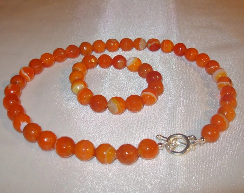 Pulsera De Piedras Ágatas Naranja Y Plata Cierre Marinero