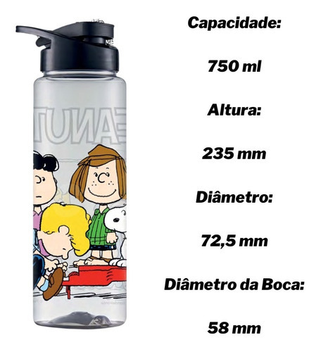 Squeeze Garrafa Agua Turma Do Snoopy 750 Ml Bpa Free