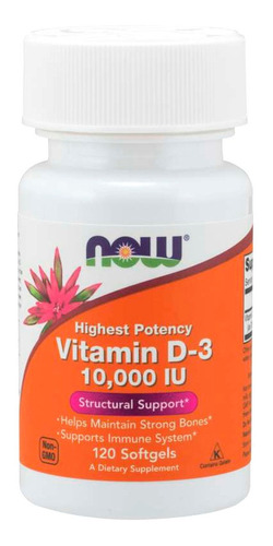 Suplemento de gelatina blanda NOW de vitamina D3 de 10000 UI en botes, 120 unidades