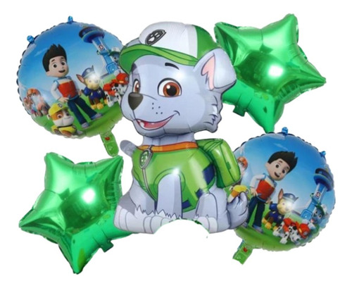 Bouquet 5globos Paw Patrol Rocky 65cm+4metalizados45cm