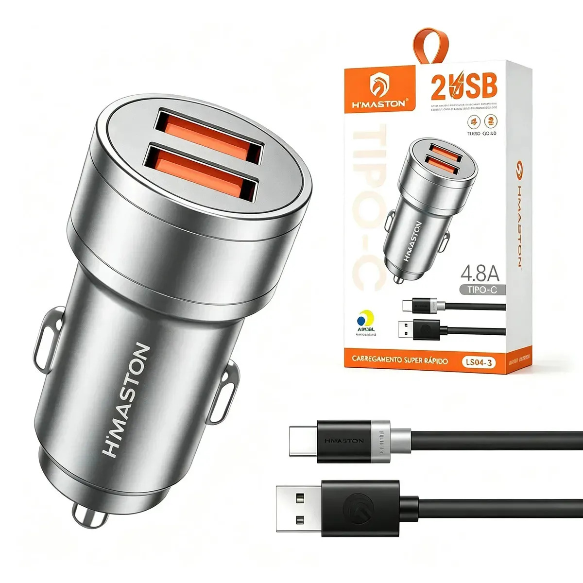 Kit Carregador Veicular 12v 4.8a 2 Usb Turbo Cabo Usb-c Carregador Veicular Turbo Compativel Com iPhone, Samsung Motorola
