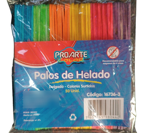 Palos De Helado Delgado 50 Unidades Colores Surtidos