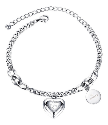 Pulsera Personalizada Grabado Corazon 3d Acero Titanio Color Plata Diámetro 18 cm