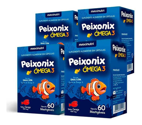 Kit 4 Peixonix Ômega3 Infantil Mastigável Cereja 60 Cápsulas