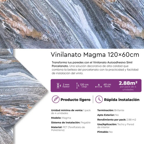 Placa Autoadhesiva Simil Marmol Porcelanato Pvc Vinilo Revestimiento Pared Decorativo Interior 60x120 Pack 4 Unidades Resitente Al Agua Vinilanato Lifewall Lwvl120-09-pack Magma
