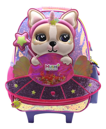 Mochila Escolar Simones Mushi Stars Con Carro Color Rosa Diseño De La Tela Lisa