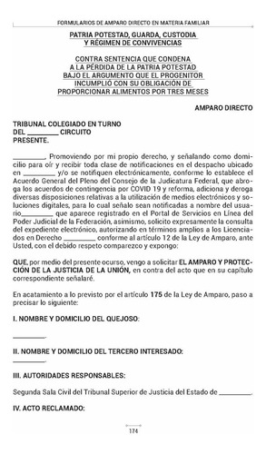 Formularios De Amparo Directo En Materia Familiar. Paternidad, Derecho Al Nombre, Alimentos, Patria Potestad, Guarda Y Custodia, Régimen De Convivencias, Divorcio, Liquidación De Sociedad Y Compensaci