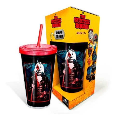 Copo Canudo Esquadrao Suicida Harley Quinn Alerquina Dc Cor Preto Com Tampa Vermelha