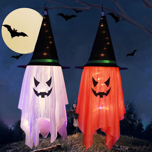 Luces Colgantes De Halloween Con Sombrero De Bruja Fantasma.