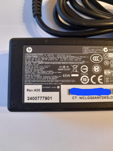 Fuente Cargador Hp Original 19.5v 3.33a 65w Pin 7,4mmx5mm Negro (Usado)