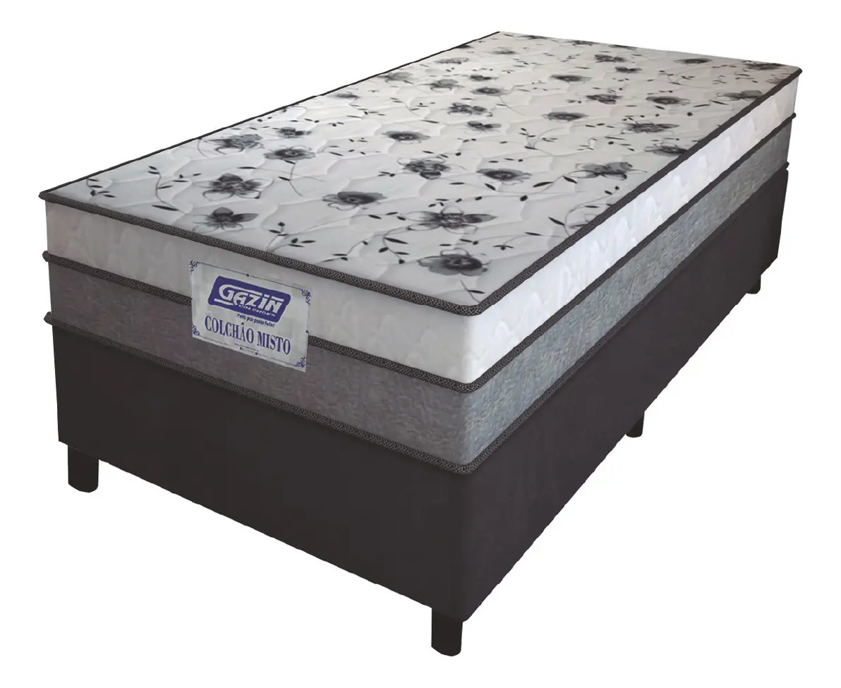Cama Box Solteiro Colchão Espuma D33 Fort 88cm Cinza/branco