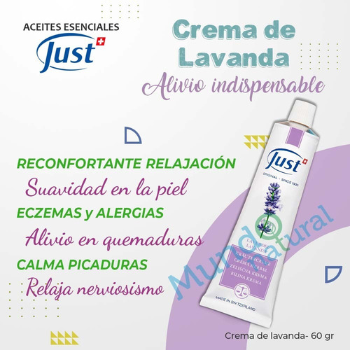 Imagen 2 de 7 de Crema De Lavanda 60grs Swiss Just