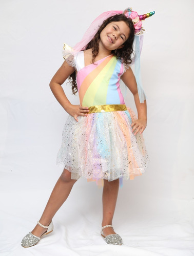 Imagem 4 de 10 de Vestido Fantasia Infantil Unicórnio Arco-íris Aniversario