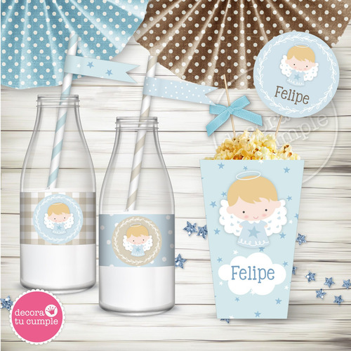 Kit Imprimible Angelito Arcoiris Celeste Bautismo Comunión 2