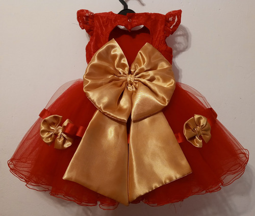 Vestido De Fiesta Bebe Nena Color Rojo Moño Dorado