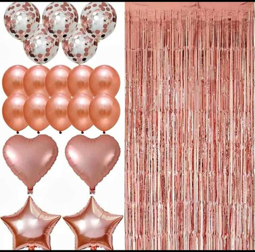 Kit De Decoración Oro Rosa, 19 Globos + Una Cortina.